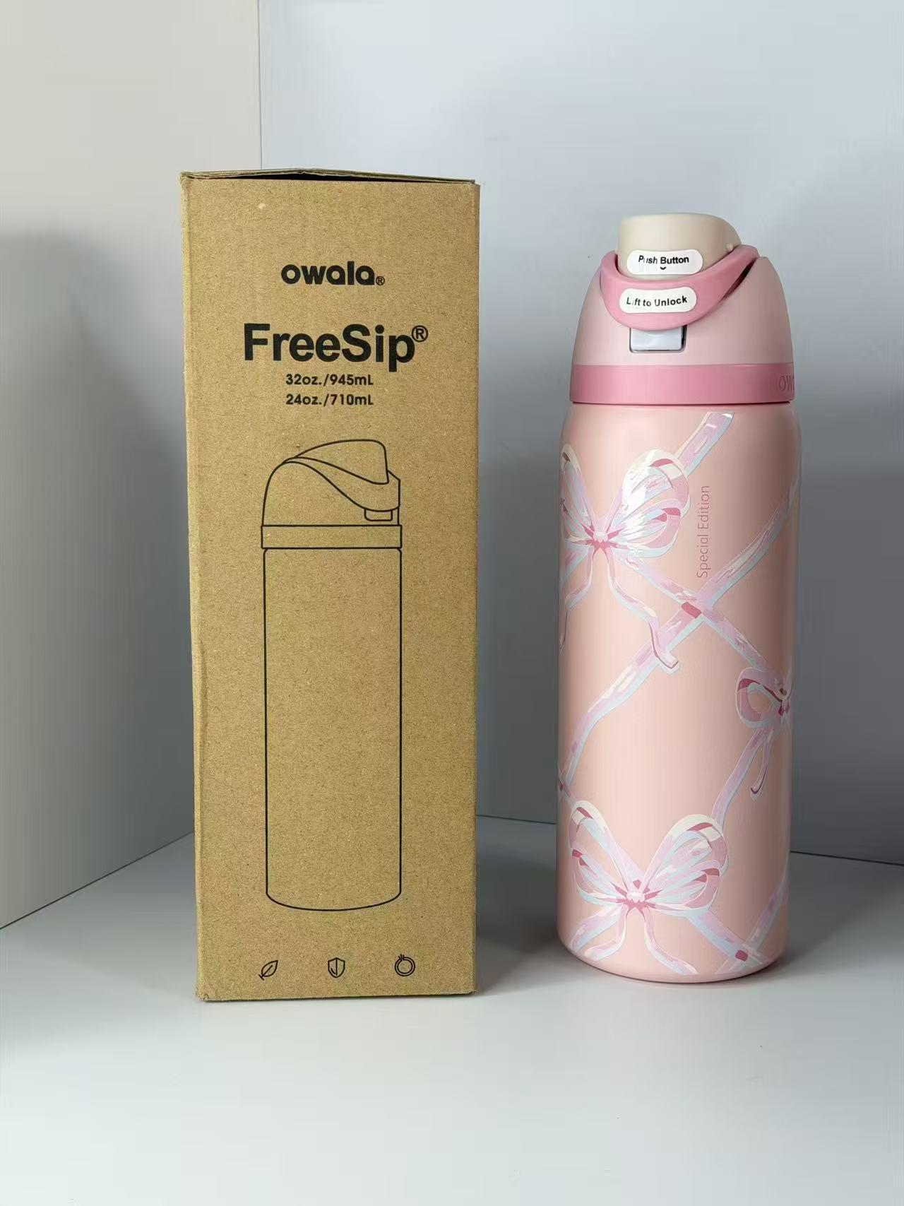 Owala 32oz FreeSip Insulated Stainless Steel Water Bottle with Straw, 32oz, Leak Proof, BPA Free, Cute Pink Bow Special Edition, Perfect for Travel, Sports & School Drinkware Flasks Bottled Tumbler Drinkware Flasks Glass Juice Lids and Plaid toddler blank