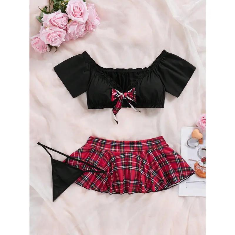 3-Piece Women's Black Collared Shirt With Lace Trim + Plaid Skirt Set | Sexy Lingerie-Inspired | Y2K Grunge & E-Girl Outfit | Party Queen Look | Gift Included