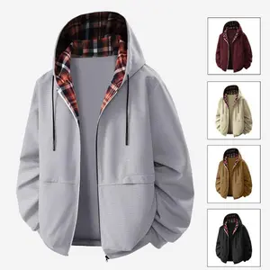 Men's Spring And Autumn American Style Trendy Fashion Casual Versatile Loose Hooded Jacket with Plaid Lining Available in Multiple Colors Jeans Menswear fall outfits hoodies men streetwear Stylish Suit Sweatshirts polyester fit fall outfits Light Gray