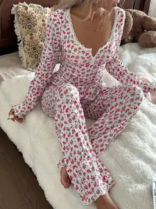 Lace Trim Square Neck 2-Button Romantic Ditsy Floral Long Sleeve Pajama Set, Fall Clothes Women Pajama Set Rose Pajama Set Floral Pajama Set Pajamas Set Two Pieces Lounge Wear Set Women Cozy And Elegant Details