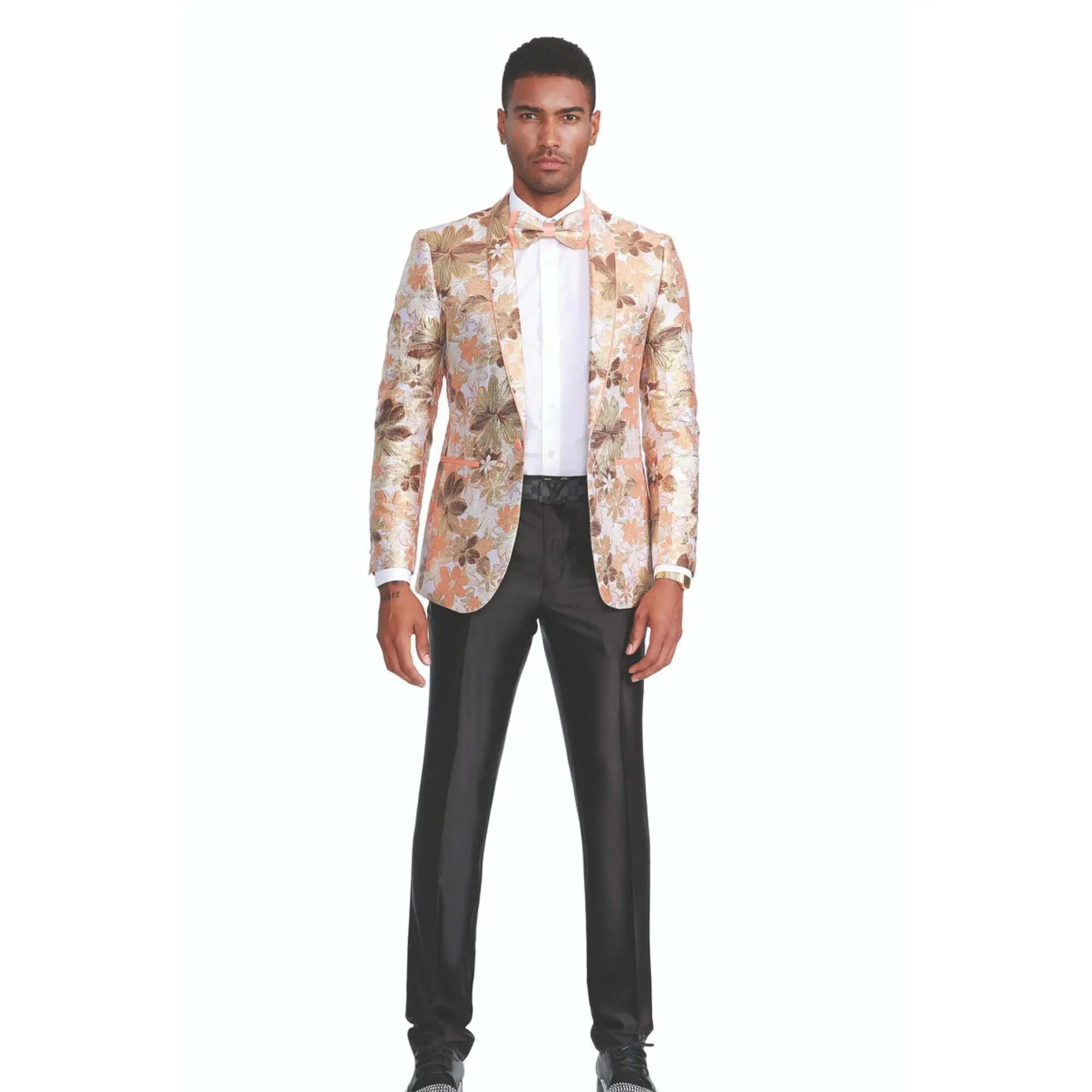 Floral Shawl Collar Single-Breasted Blazer with Bow Tie - Orange