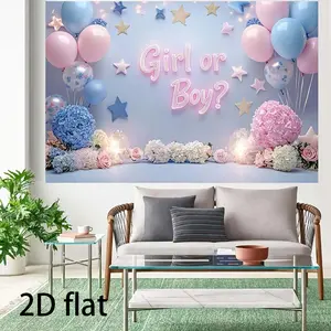 Romantic Starry Night Reveal Party 2D Flat Banner Pink and Blue Balloon Floral Decor for Dreamy Gender Reveal White Ornaments