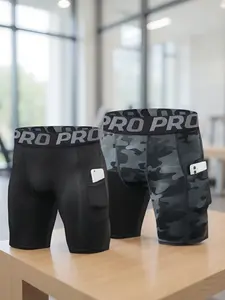 Men's Sporty Compression Shorts Set, Tight Fit Polyester Boxing Underwear, Running Basketball Sports Bottoms with Pockets, Soft Stretch Shorts