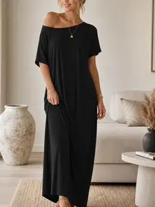 Women's Solid Color Batwing Sleeve Lounge Dress, Casual Comfy Short Sleeve Nightdress for Daily Wear, Ladies Sleepwear for All Seasons