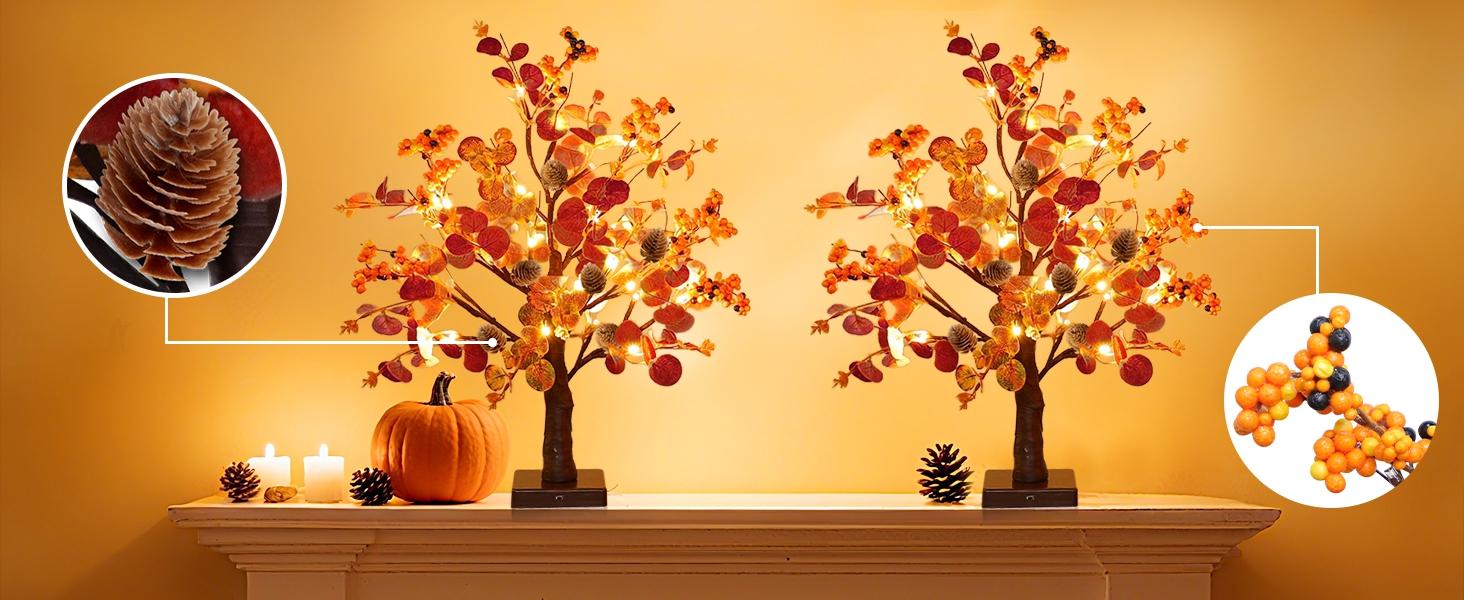 [ Prelit & Timer ] TURNMEON 2 Pack Fall Decor Tabletop Fall Trees 48 LED Battery Operated Maple Tree 288 Eucalyptus Leafed 12 Acorns Berry Fall Decorations for Home Thanksgiving Table Decor 18 Inch