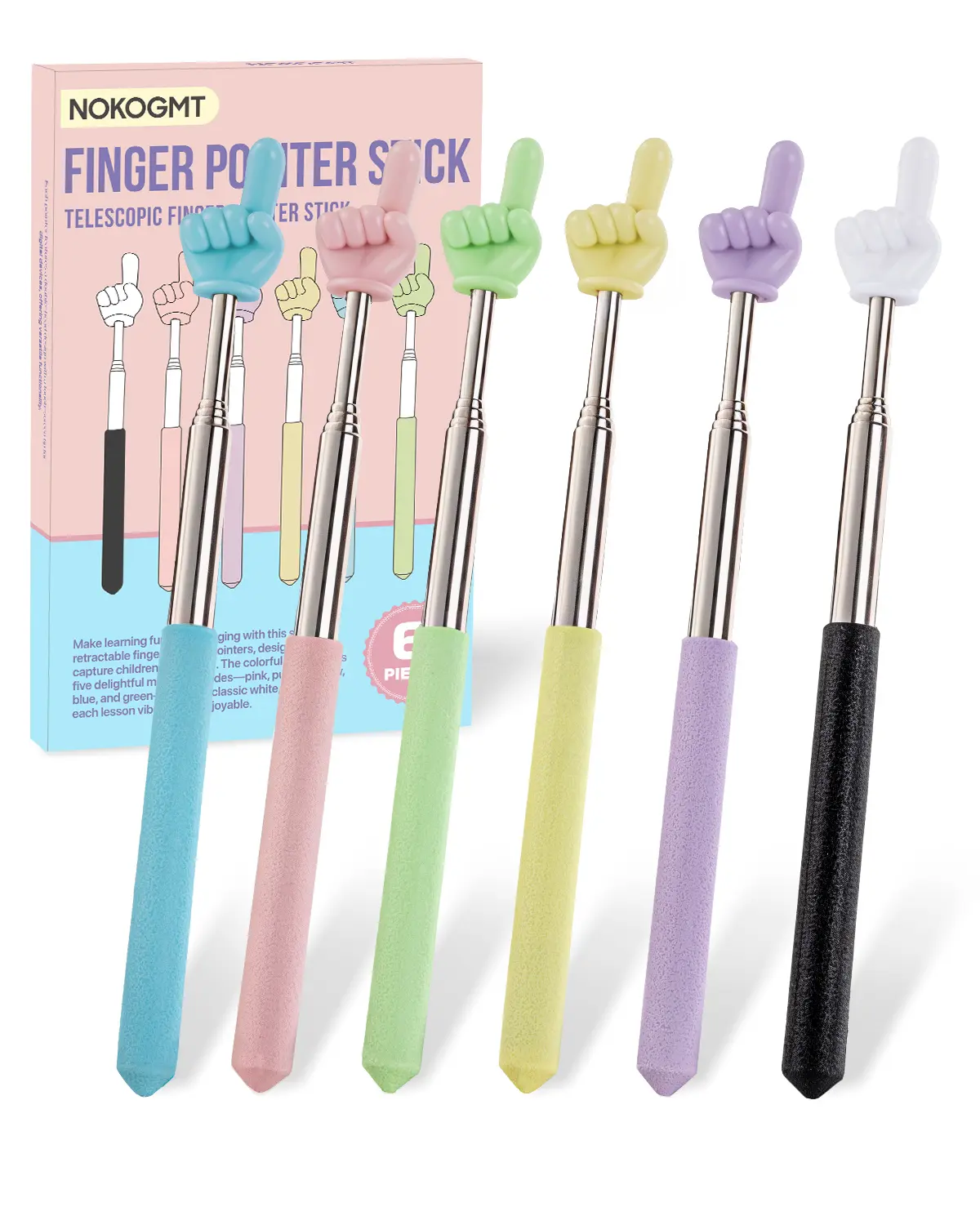 NOKOGMT - 6PCS Finger Pointer Stick for Classroom – Extendable Teacher Pointer Stick and Pointer Finger Tool – Colorful Hand Pointer Stick for Presentations – Telescopic Pointer Stick for Kids and Adults – Classroom Essentials