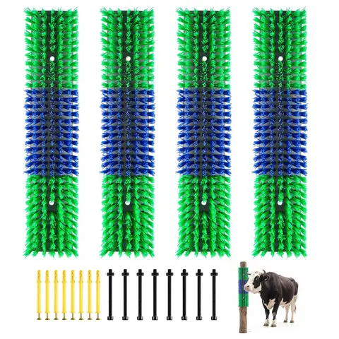 VEVOR PBT Plastic Farm Livestock Scratching Brush Grooming Kit (4PCS), Adjustable Height Grooming Tools for Cows/Goats/Donkeys Itch Relief, 16.9"x3.9" High-Density Bristles, 16 Screws for Barns Easy Installation (Green & Blue)