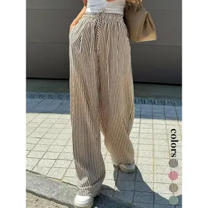 Trendy women’s casual wide-leg pants with an elastic drawstring waist, loose-fit striped straight-leg trousers for stylish comfort