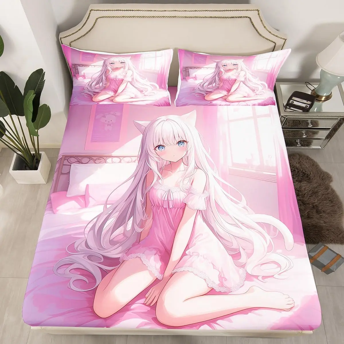 Japanese Anime Fitted Sheet Anime Bedding Set Kawaii Japanese Style Bed Sheets Cartoon Japan Animation Bed Set Adult Women Bedroom,Pink