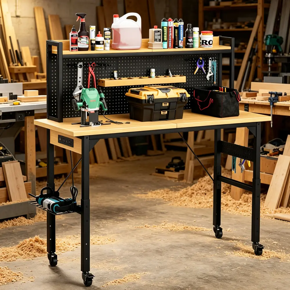 71 Inch Adjustable Rolling Workbench, Heavy Duty Wooden Top Work Bench with Pegboard, AC & USB Power Outlet, Hooks and Storage Shelf, 1600 LBS Load Capacity Mobile Workstation for Garage Workshop Home Office