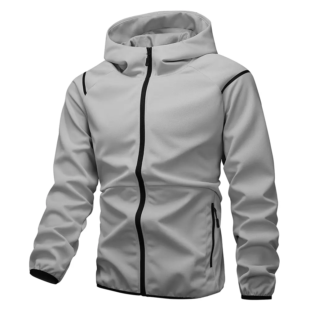 Men's Hooded Neck Polyester Softshell Jacket - Full-Zip, Lightweight Water Resistant Windbreaker, Outdoor Sports Coat with Zipper Pockets for Hiking, Cycling