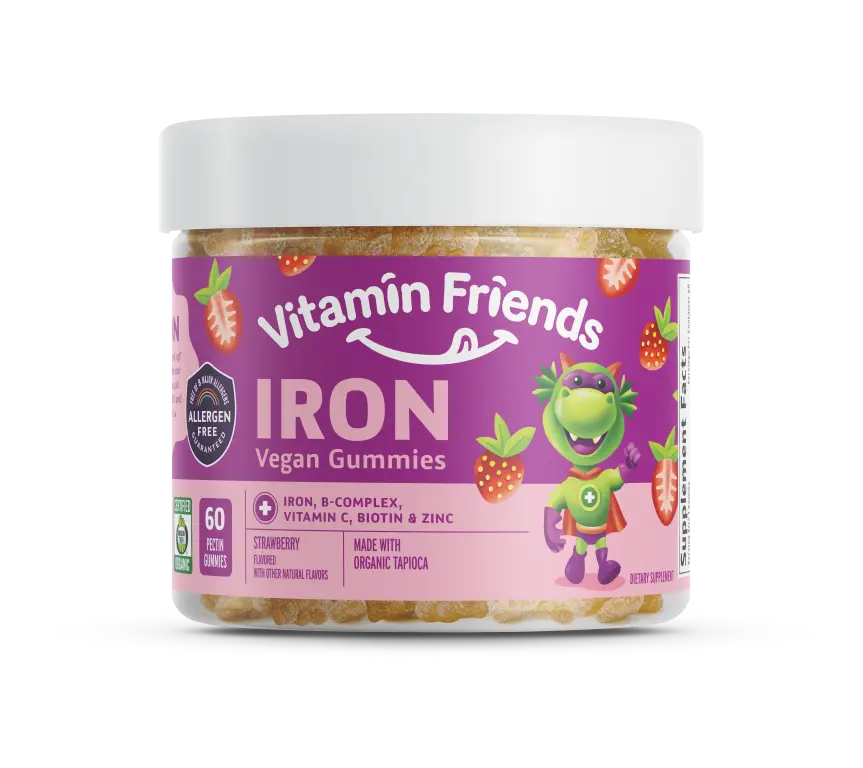 Vitamin Friends - Vegan Iron Gummies - Daily Nutritional Support Gummies - Body Function & Anemia - Strawberry. Kosher & Allergen Free gummy vitamin