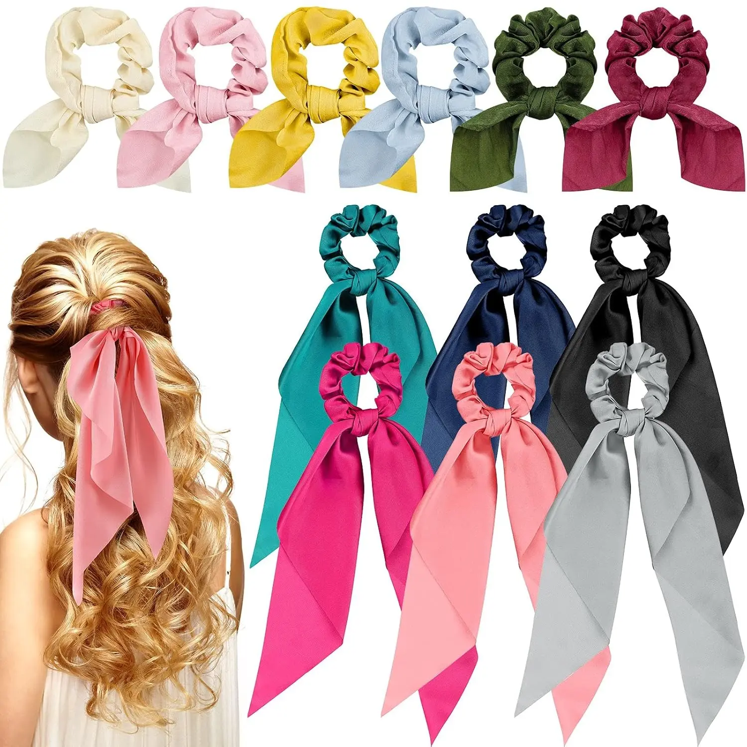 12 Pcs Satin Hair Accessories Set Fresh Color Bunny Ears Hair Bows Scrunchies Scarf Ties Elegant Hair Ribbon Ponytail Holders Trendy Casual Styling Decor Perfect Daily Party Holiday Hair Gift for Women Girls Ladies
