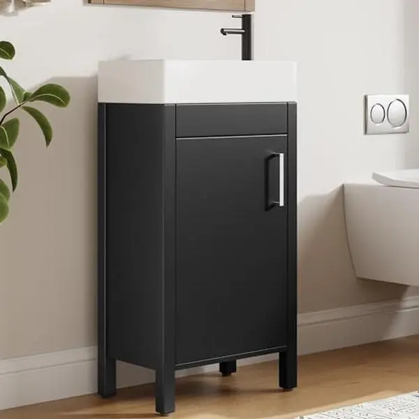 16" Freestanding Bathroom Vanity with Sink for Small Space,Black Bathroom Vanity Cabinet With Waterproof And Adjustable Foot & Soft-Door & Drawer & Metal Handle Easy Assembly