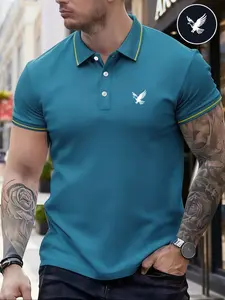 Men's Classic Fashion Casual Comfortable Micro-Elastic Straight Tube Polo Shirt, Golf Polo, Trim Design, Eagle Print, Outdoor Sports Polo Tee