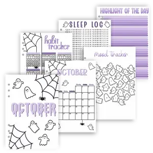 October 2026 Halloween Themed Monthly Planner Set with Calendar Mood Habit Tracker Sleep Log & Highlight of the Day Pages