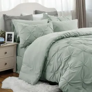 Solid Diamond Pintuck 7pcs 80gsm Queen Size Sage Green Bedding Set Comforter Set - Cozy Comfort by Bedsure