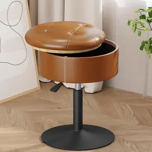 Fire-Resistant Vanity Stool with Storage, Adjustable Swivel Vanity Chair for Makeup Room, Small Stool for Vanity Bathroom Bedroom, Round Ottoman for Living Room, Brown PU Leather
