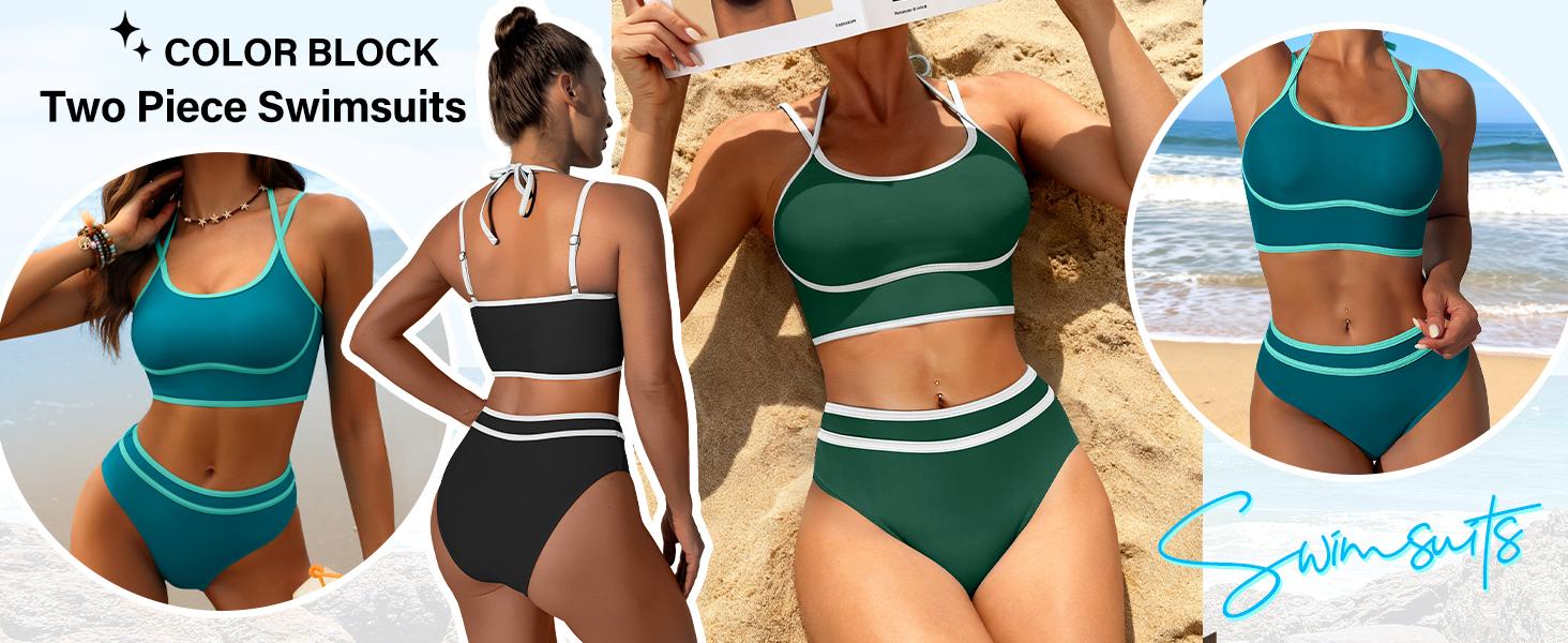 ANRABESS Womens Halter Bikini Set Color Block Sporty Swimsuits Two Piece High Waist Bathing Suit Sexy Summer Beach Swim Suits