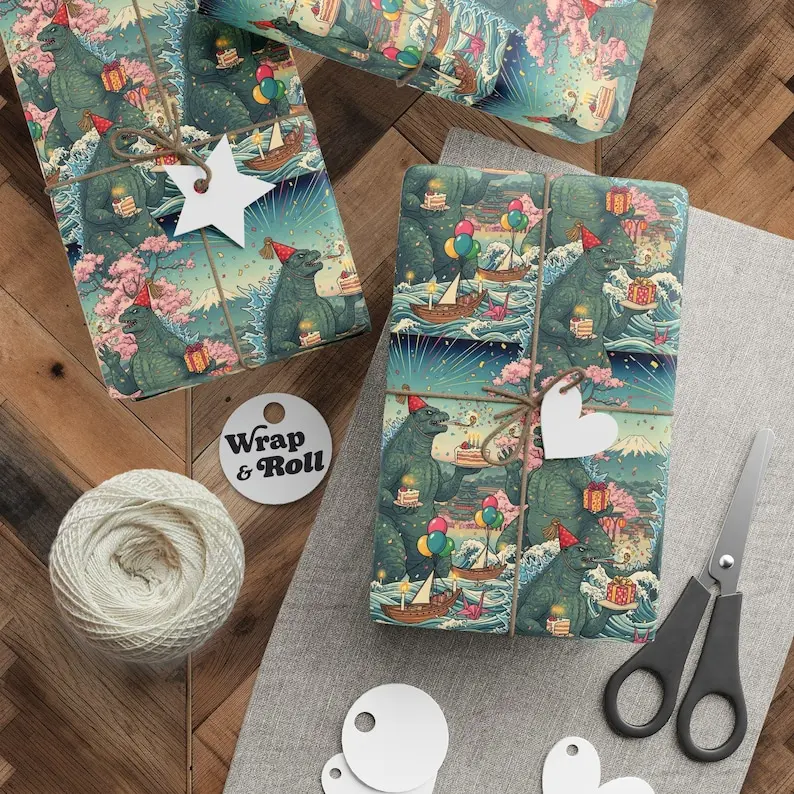 Kaiju Inspired Wrapping Paper, Ocean Wave Birthday Gift Wrap, Monster Fan Gift