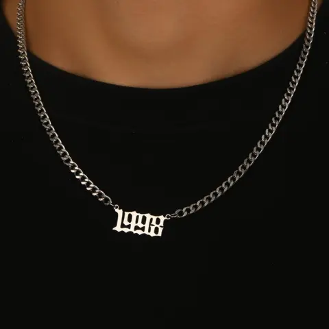 Street Trend Birthday Year Number Design Pendant for Men, Stainless Steel Chunky Cuban Link Chain Necklace, Trendy Jewelry, Hip Hop Accessories for Party, Daily Clothing Decor, Stainless Steel Necklaces