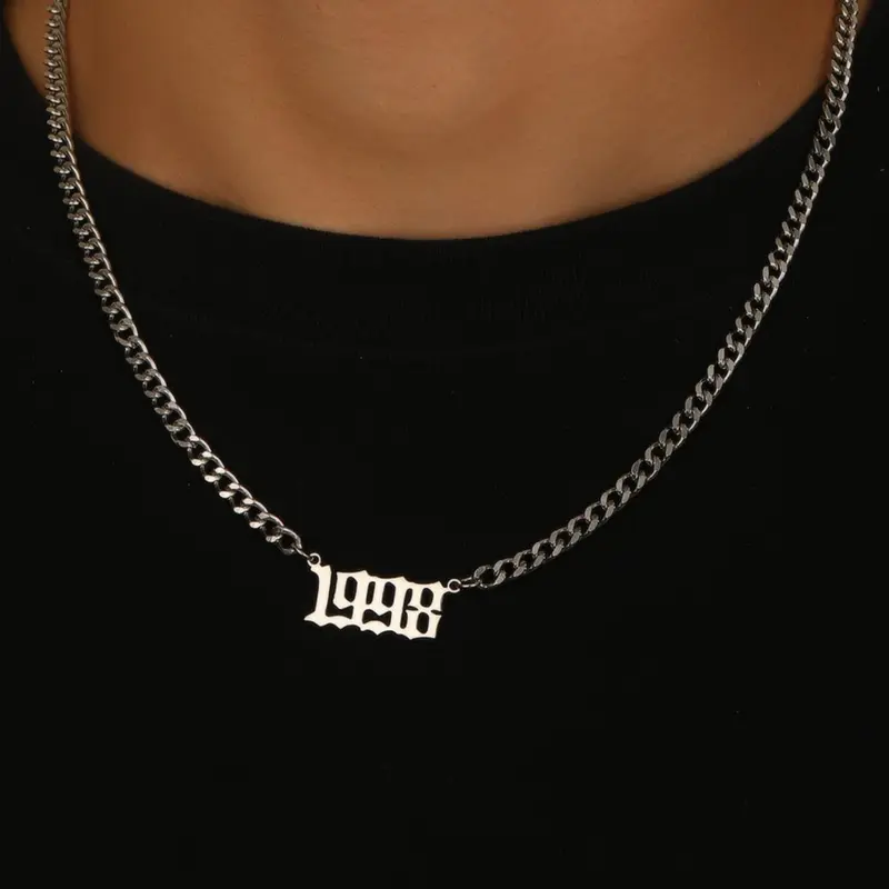 Street Trend Birthday Year Number Design Pendant for Men, Stainless Steel Chunky Cuban Link Chain Necklace, Trendy Jewelry, Hip Hop Accessories for Party, Daily Clothing Decor, Stainless Steel Necklaces