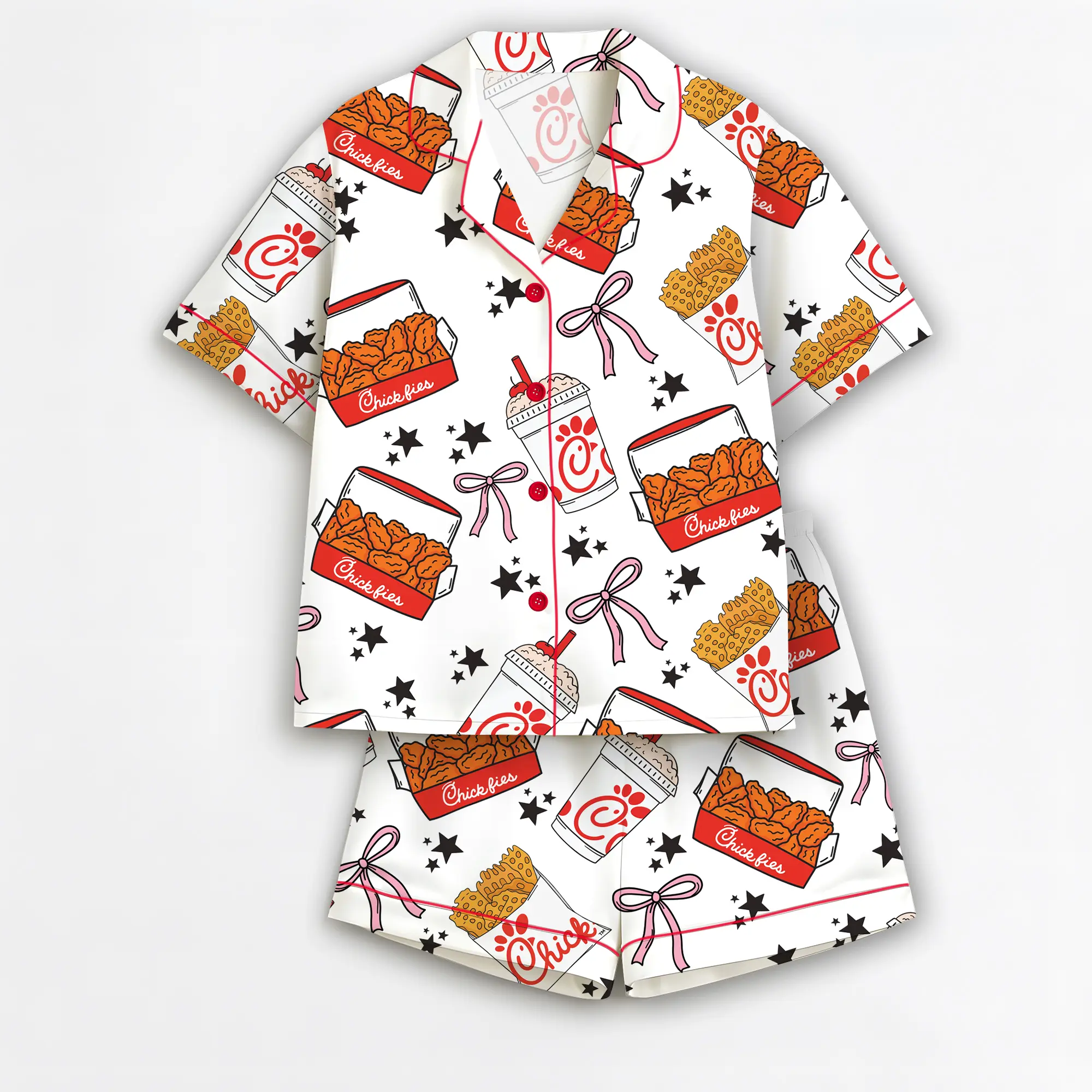 Chicken Nuggets Coquette Satin Pajamas for Women ,Funny Cute Chicken Sleepwear, Comfy Satin Lounge Set for Holiday Gift
