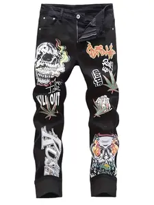 Men's Skull Graffiti Stacked Jeans - Stretch Black Denim Streetwear Pants