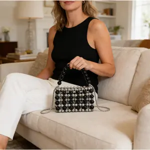 Handmade Acrylic Beaded Pearl Bag,2-in-1 Crossbody & Top Handle Purse,Y2K Aesthetic Evening Bag for Party Prom Wedding,Fashion Dress Outfit Accessory,Luxury Tiny Clutch for Women,Not suitable for storing items, mainly paired with accessories,YM90