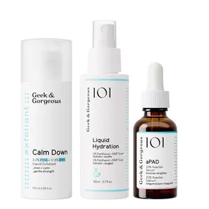 Geek & Gorgeous Keep Calm Sensitive Skincare Multi-Pack - Gentle Evening PHA+BHA Exfoliant, Soothing Liquid Hydration Toner Spray, Brightening Azelaic Acid aPAD Serum for Redness Reduction