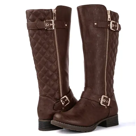 GLOBALWIN Women's Equestrian-Inspired Quilted Low-Heel Knee-High Riding Boots with Gold-Buckle Charm - Chilly Day Style, Daily Elegance, Evening & All-Seasons Dressy Comfortable Footwear