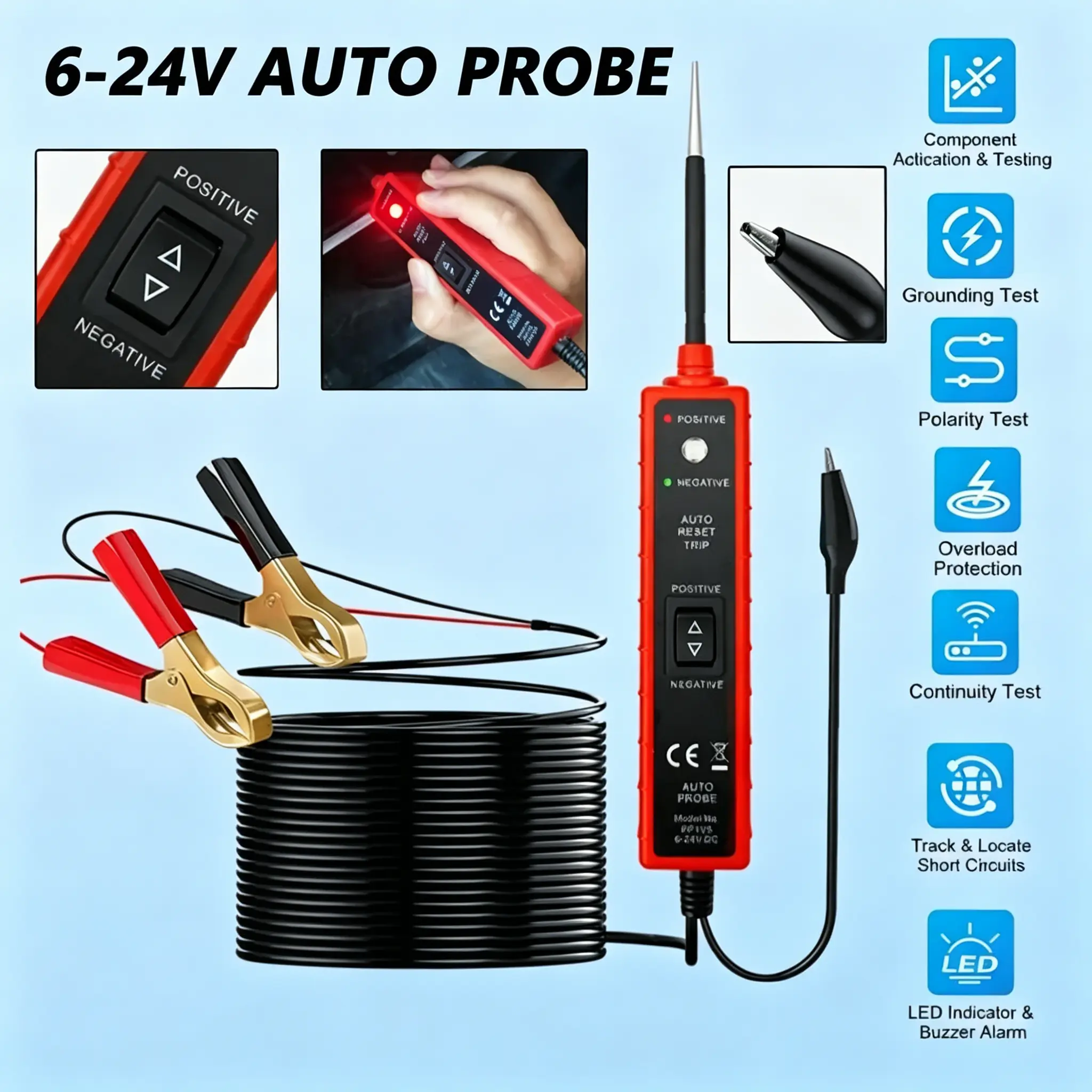 High-Sensitive 6-24V Digital Automotive Power Probe Tester, Car Repair Electric Circuit Tester for Voltage & Continuity Testing, Compact Easy-to-Use for Professionals, Compatible with Cars Trucks Motorcycles, Diy Enthusiasts, Default
