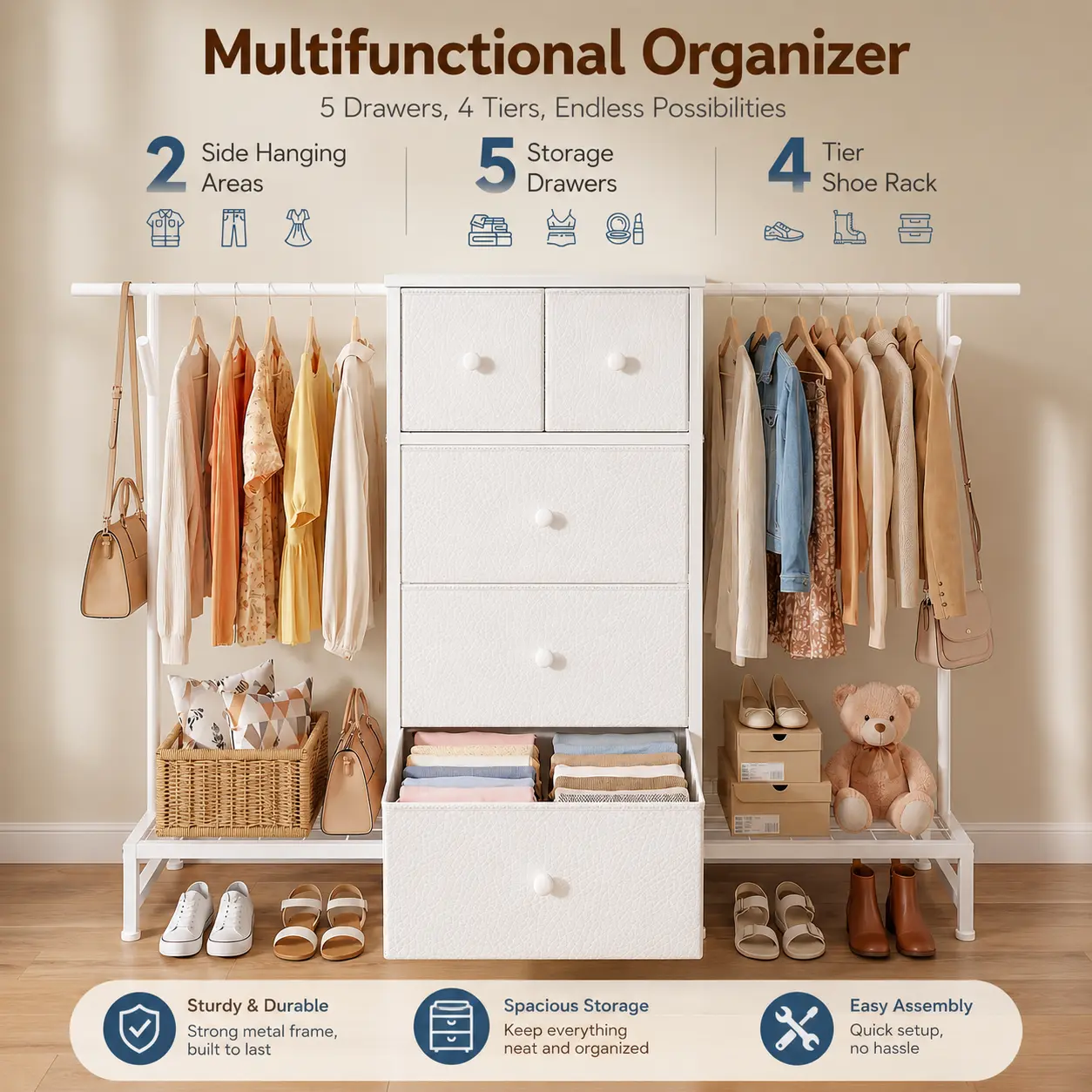 【Clothes Rod Cabinet】Double Rods Clothes Rack & 5 Storage Drawers, Garment rack Hanger & Shoe rack, Clothing Rack for Hanging Clothes Wardrobe Rack,Metal Garment Rack Sturdy Coat Rack for Bedroom Laundry Living Room,Silent fabric drawer,Easy Assemble