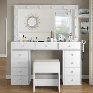FUSOU 47"W 11 Drawer Vanity Desk with Power Outlet, [Shipping By 2 Packages],Makeup Vanity with Mirror and 12 LED Lights, 3 Lighting Modes, Vanity Table with Chair, Glass Top, Dressing Table for Bedroom,Dressing Room,SummerVibe