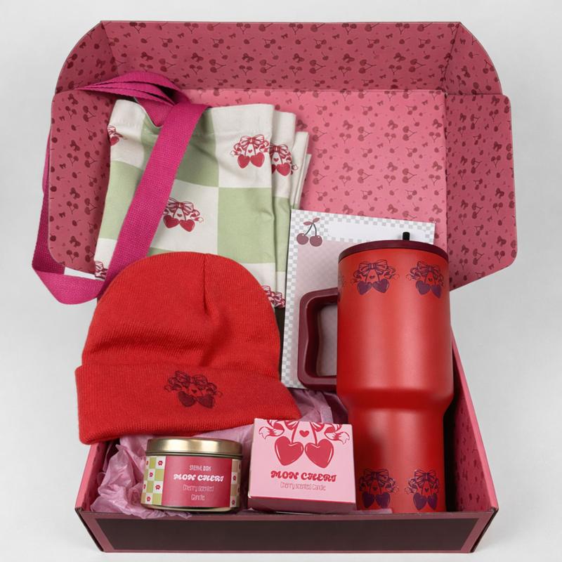 The Cherry Box Bundle - Cherry Gift Box Set, Cute Aesthetic Bundle, 40oz Tumbler, Tote Bag, Beanie, Candle, Notepad, Ready to Gift Set for Her