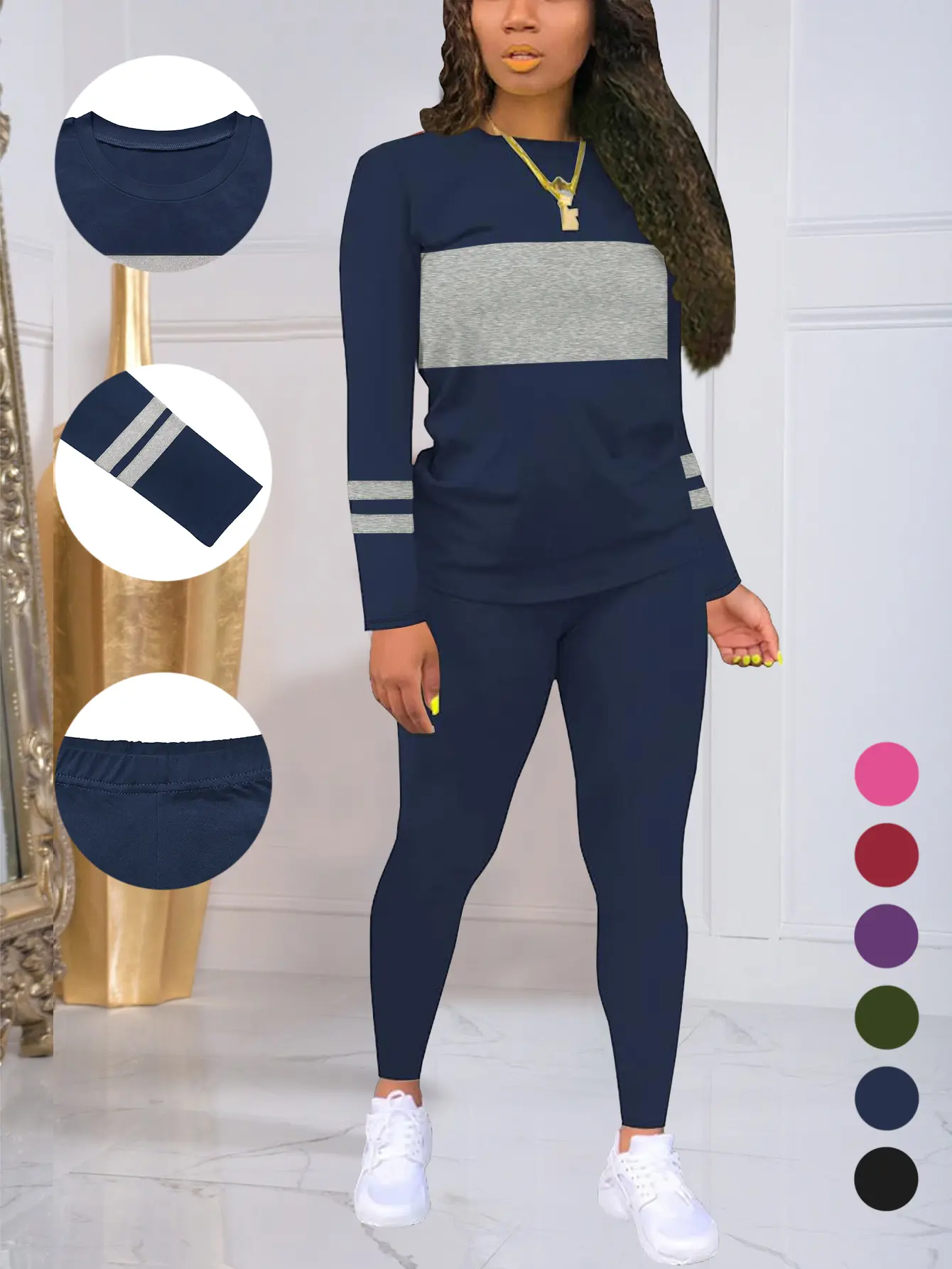 Women's Casual 2 Piece Set, Solid Color Fitted Long-Sleeve Round Neck Pullover Top and Pants Lounge Outfit, Women's Casual 2 Piece Sets