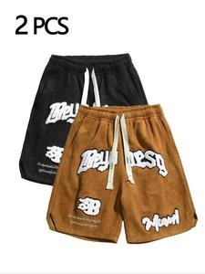 men's letter embroidery suede shorts, regular fit casual comfy shorts for summer, men's bottoms for daily wear