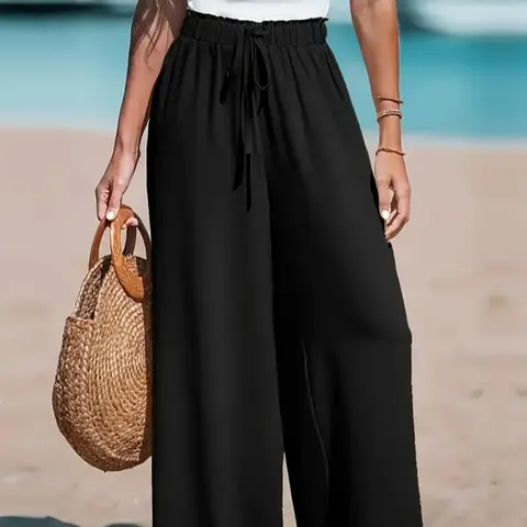 Women's Solid Color Drawstring Waist Wide Leg Pants, Casual Fashion Pants, Casual Chic Bottoms, Casual Summer Bottoms, Casual Loose Comfy Trousers for Beach Vacation Holiday, Ladies Bottoms for All Seasons, Casual Lounge Pants