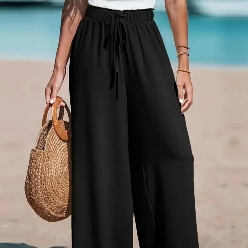 Women's Solid Color Drawstring Waist Wide Leg Pants, Casual Fashion Pants, Casual Chic Bottoms, Casual Summer Bottoms, Casual Loose Comfy Trousers for Beach Vacation Holiday, Ladies Bottoms for All Seasons, Casual Lounge Pants
