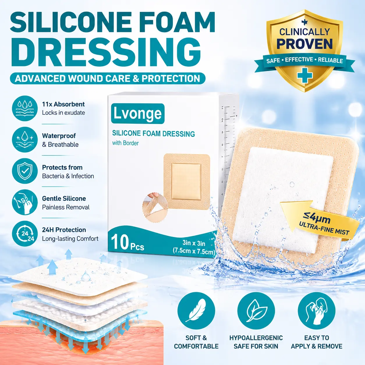 Lvonge Silicone Foam Dressing with Border - Waterproof, Absorbent, and Breathable for Wound Care, 10 Pack (10cm x 10cm) - Ideal for Post-Operative, Diabetic Foot, and Moderate Exuding Wounds