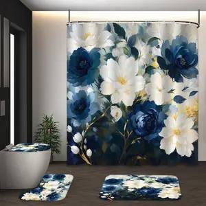 LVRLVR 4pcs Navy Blue White Peony Floral Gold Leaf Luxury Art Bathroom Set with Shower Curtain, Bath Rugs and Hooks - 70.8"×70.8" (180×180cm)