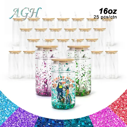 AGH 25pcs 16 oz Snow Globe Glass Tumbler Double Wall Glass 16 oz Cups with Lid Juice Cold Coffee Can with Pre Drilled Hole Plug Mugs Bottles Drinkware