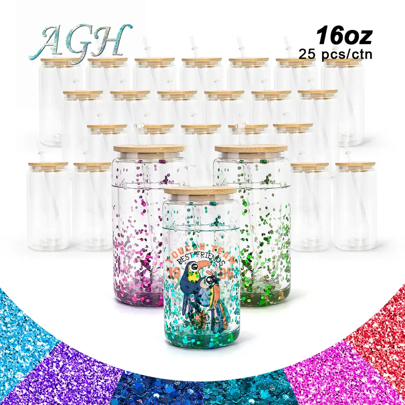 AGH 25pcs 16 oz Snow Globe Glass Tumbler Double Wall Glass 16 oz Cups with Lid Juice Cold Coffee Can with Pre Drilled Hole Plug Mugs Bottles Drinkware