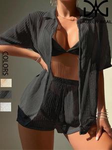 women's solid hollow out cover up top & shorts set, casual fashion two-piece outfits for outdoor beach vacation, ladies clothes for all seasons, clothing, beach cover ups