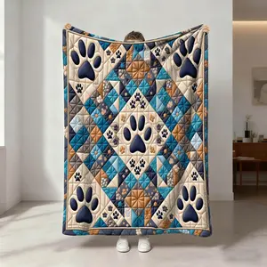 Dog Paw Print Patchwork Blanket, Lightweight Warm Flannel, Soft Breathable, Car Travel Bedroom Cover, Holiday Gift Pet Pad Multi-Use Rug