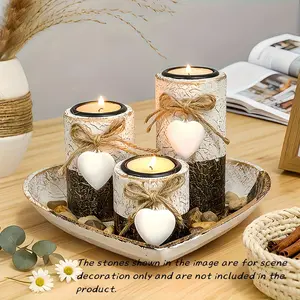 Valentine Heart Wooden Candlestick Set, Candlesticks, Rustic Farmhouse Style, Decorative Rope Knots & Stones, Tabletop Decoration, Candle Holder