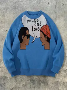 Men's New Casual Loose Fit Knitted Sweater, Spring Autumn Winter Long Sleeve Round Neck Pullover, Vintage Street Style Letter Print