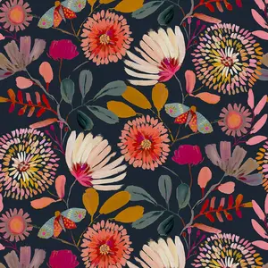 Peel and Stick Floral Removable Waterproof Wallpaper, Navy/Pink/Orange Contact Paper for Bedroom Bathroom Home Wall 17.3" x 118"