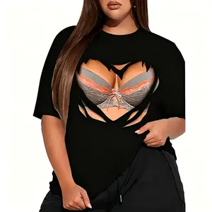 Women's Plus Size Streetwear Tshirt - Breathable Round Neck Short Sleeve Summer Top, Bold Geometric Chest Print, Nontransparent Fabric, Machine Washable for Gym & Casual Attire