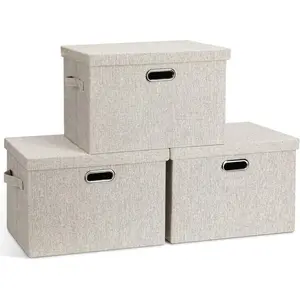 Large 17" 36 Quart Collapsible Stackable Storage Bins with Lids, 3 Packs Beige Linen Fabric Closet Boxes with Lids, Storage Cube Baskets Container Organizers for Bedroom Office(17 x12 x11) Metal Shelf Decorative Light
